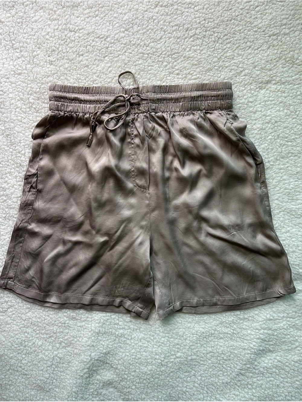 SEEK The Label Casual Relaxed Satin Shorts in Taupe